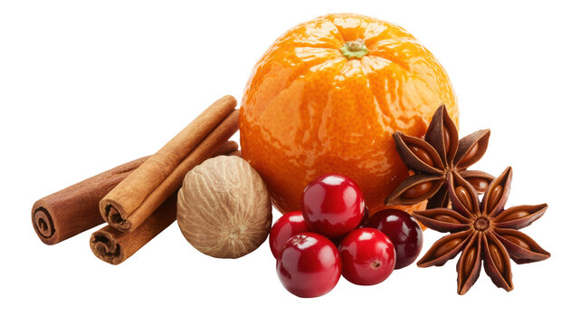 Aromatic winter spices and fresh orange fruit arranged together for festive holiday baking and seasonal cooking isolated on transparent background