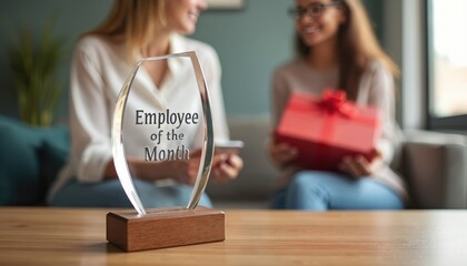 Employee of Month award trophy on table. Woman holds present box. Recognition of worker for success. Corporate workplace. Celebration of pro achievement in office atmosphere. Best performance of