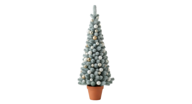 Isolated Christmas tree in a pot with white and gold ornaments for the holiday season decor