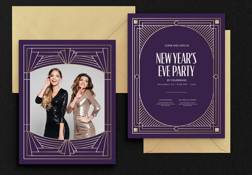 NYE New Years Eve Invitation Invite Flyer Poster Template with Retro Vintage Art Deco Frame in Luxury Purple & Gold