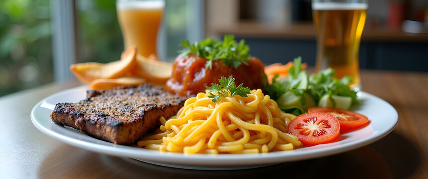 An inviting university lunch plate showcasing a variety of international dishes, artistically arranged with an emphasis on copy space for visual impact.