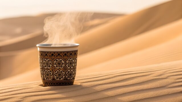 Steaming Cup of Coffee Placed on Desert Sand Dunes at Sunrise Warm Golden Light illuminating Rippled Sand and Intricate Patterned Cup - Powered by Adobe