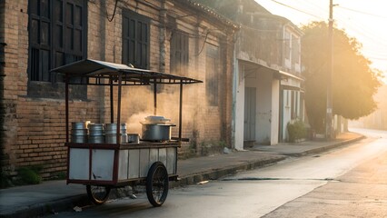 Street Food Cart With Steaming Pots On Cobblestone Road At Sunrise