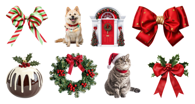PNG Festive holiday decorations and pets, element set on transparent background