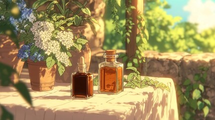 Cozy outdoor setting, vibrant plants and terracotta pots, table with warm sunlight, perfect for leisurely meals or gatherings.