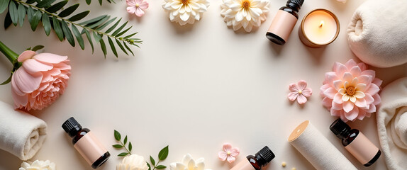 An elegant flat lay of self-care essentials on a textured surface. Delicate candles, essential oils, and soft fabrics create a cozy, balanced composition with generous copy space.