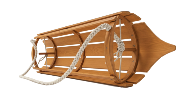 Isolated Wooden Sled with Braided Rope for Winter Fun, Retro Style and Nostalgic Play