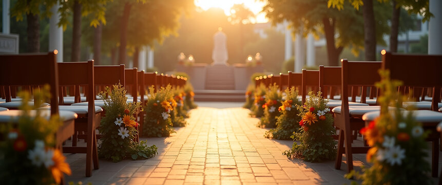 Elegant setup for a commencement ceremony, featuring neatly arranged chairs and decorative elements, styled with golden light filtering through, including negative space for branding.
