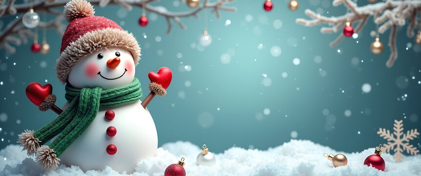 A festive snowman banner adorned with holiday decorations, capturing the spirit of celebration. Ensure there is space available for custom text within the design.