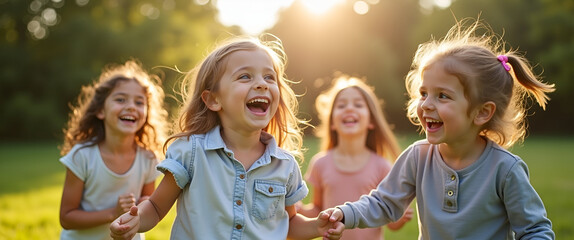 Children engaging in fun outdoor activities, filled with joy and laughter against a backdrop of nature, highlighted with ample copy space for versatility.