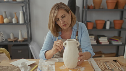 Middle aged woman holds clay vase with left hand and paints rim with right hand in studio; serenity.