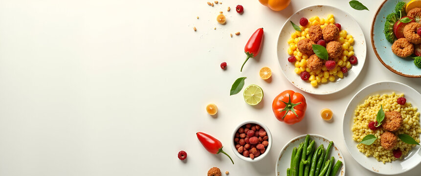 Create an artistic layout of healthy gourmet food, featuring unusual plating techniques against a light background with sufficient copy space for artistic impressions.