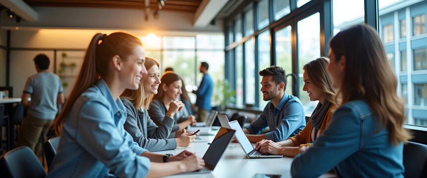 A contemporary depiction illustrating equality in digital access, featuring diverse people engaging with technology in an open space, allowing for copy space to convey messages. - Powered by Adobe
