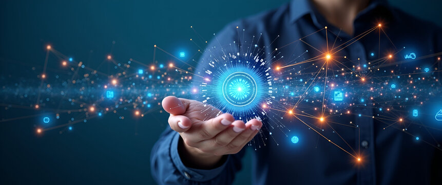 A captivating visual portrayal of digital transformation project management using an abstract approach, featuring substantial copy space for clarity and enhancing viewer engagement.