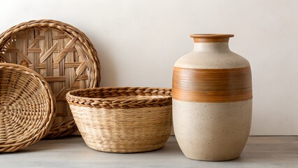 Woven Baskets and Ceramic Vase Arrangement Neutral Tones Natural Textures Studio Shot
