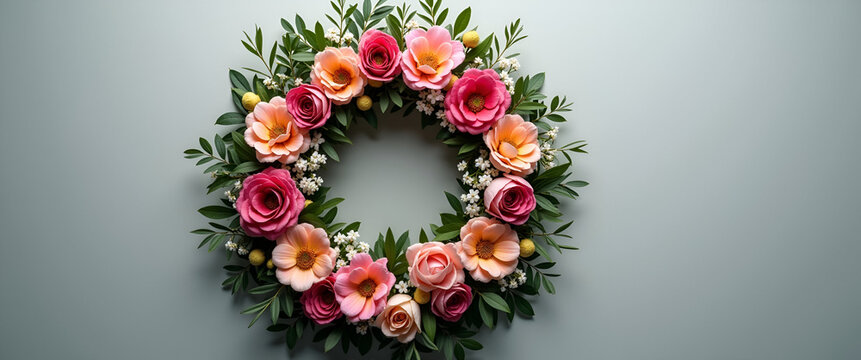 A beautifully arranged floral wreath set against a muted background, designed with ample copy space, symbolizing remembrance and respect for the fallen. - Powered by Adobe