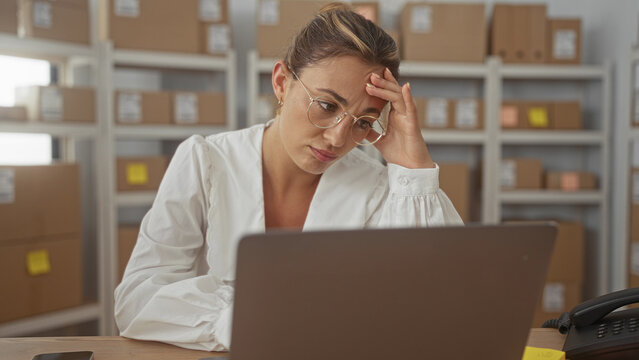 Woman touching forehead with hand while leaning over laptop and parcel shelves in building at a desk, wearing glasses and white blouse; stress overwhelm.