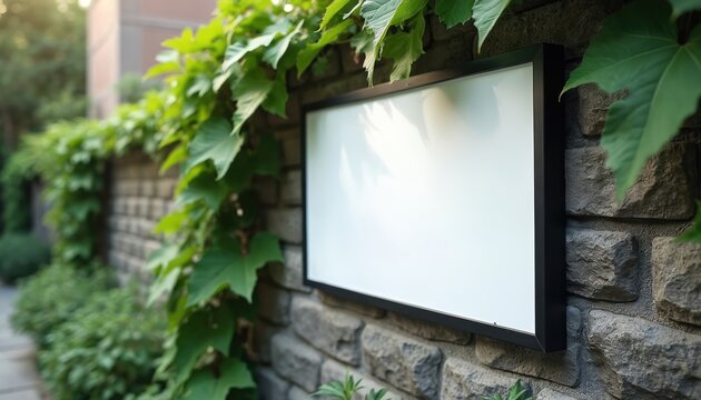Blank sign with black frame mounted on stone wall. Green vine climbs along wall with clear frame, ideal for promotional text or creative ads. Empty space for messages.