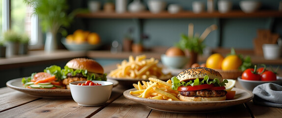 A heartwarming display of comforting vegan meals arranged on a classic kitchen table, inviting viewers while allowing empty space for text overlay and branding.