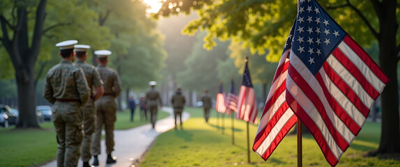 A solemn tribute scene depicting military uniforms and national flags amidst a serene park setting, with significant copy space to evoke a sense of honor and tribute.