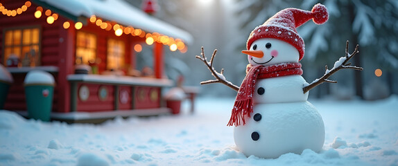 A charming snowman positioned at a winter festival, showcasing bright colors and festive accessories, with plentiful room for text placement ideal for promotional materials or advertisements.