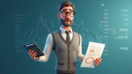 Young businessman 3d cartoon style holding calculator and financial documents surrounded by holographic stock charts and numbers professional accounting scene, concept of finance success
