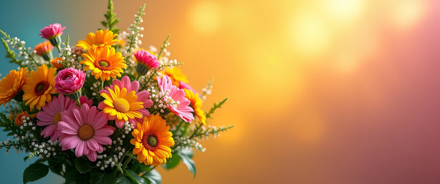 A vibrant summer bouquet bursting with color captivates the eye and offers generous copy space for promotional content, situated in natural daylight.