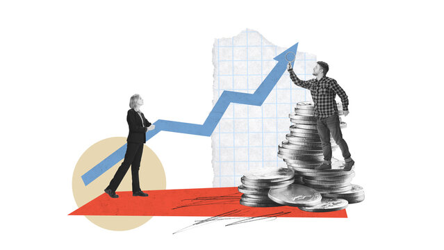 Dynamic collage showing a businesswoman and businessman driving a sharp rising arrow over coin stacks. Concept of financial progress, analytics, motivation and strategic planning with emotion.