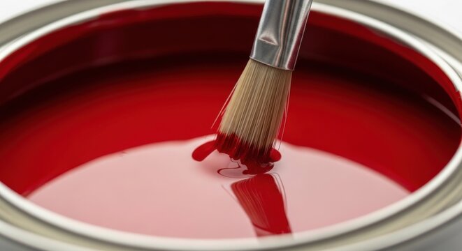 A paintbrush dipped in bright red paint in an open can - Powered by Adobe