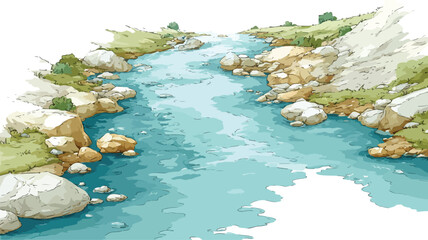 River Drawing with Flowing Water Vector Illustration