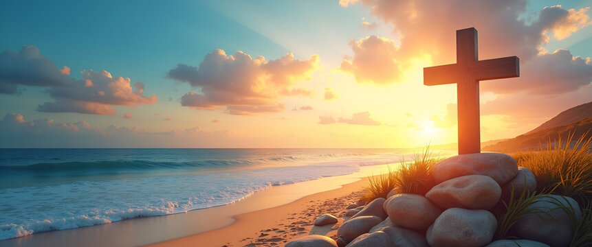 A captivating representation of Holy Week in a vibrant coastal setting, highlighting the cross symbol with leading lines from surrounding elements, ensuring plenty of copy space.