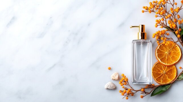 Elegant skincare arrangement, minimalist design featuring natural ingredients, calming colors ideal for wellness promotion.