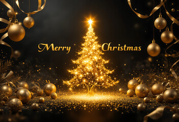 A dramatic, glowing golden Christmas tree surrounded by shining ornaments and ribbons on a dark background.