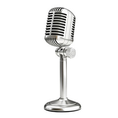 Vintage silver microphone on a stand against a transparent background