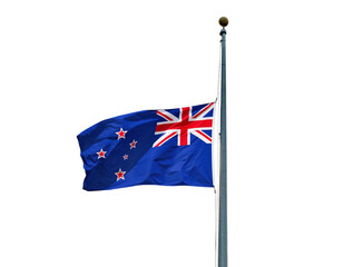 New zealand flag flying at half mast isolated on transparent background as a sign of respect