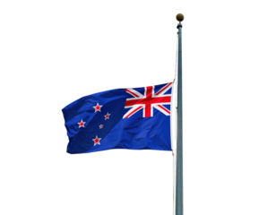 New zealand flag flying at half mast isolated on transparent background as a sign of respect