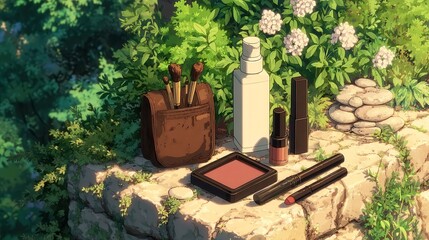 Cosmetic products displayed outdoors, elegant makeup items arranged on a natural stone surface, vibrant greenery in background.