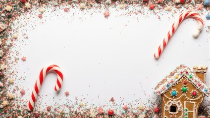 Festive Christmas Frame with Gingerbread House and Candy Canes on White Background.