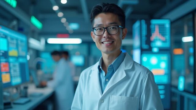 Scientist working in laboratory, surrounded by interactive data displays and experimental apparatus, concept of scientific research, biotech industry, educational institutions