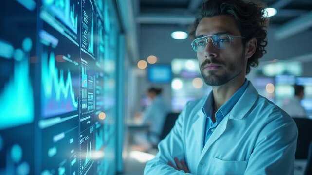 Scientist working in laboratory, surrounded by interactive data displays and experimental apparatus, concept of scientific research, biotech industry, educational institutions