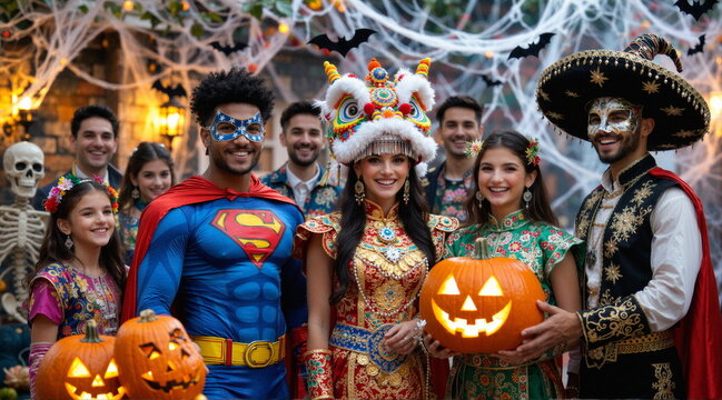 Święto halloween. R&oacute;żne miejsca i r&oacute;żni ludzie. R&oacute;żne rasy ludzkie w jednym święcie. Integracja całej ludzkości. Przepiękne kostiumy i dekoracje. Niezapomniana atmosfera i klimat.