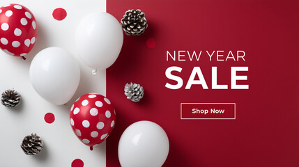 Colorful New Year celebration scene featuring red and white balloons, pine cones, and festive decorations, creating a joyful atmosphere for holiday promotions and sales events