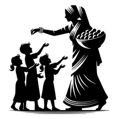 Children asking Ladoo's from the lady vector