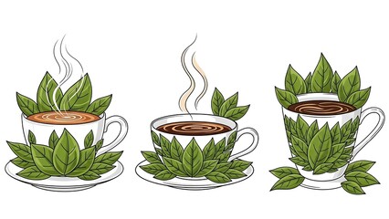 Three Cups of Herbal Tea with Fresh Green Leaves.