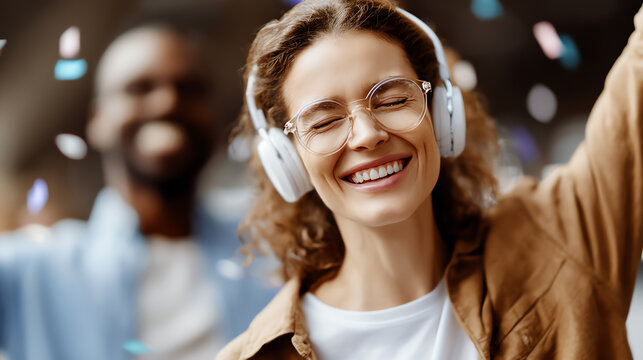 A joyful woman enjoys music with headphones, celebrating in a vibrant atmosphere filled with colorful confetti and smiles.