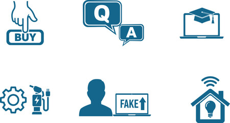 Collection of modern concept icons representing business technology education and social issues with buy now option and charging station for a clean environment and combating fake news