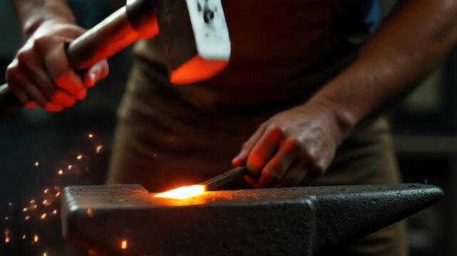 Close-up of glowing orange sparks flying as a blacksmith hammers a red-hot piece of metal on an anvil. 