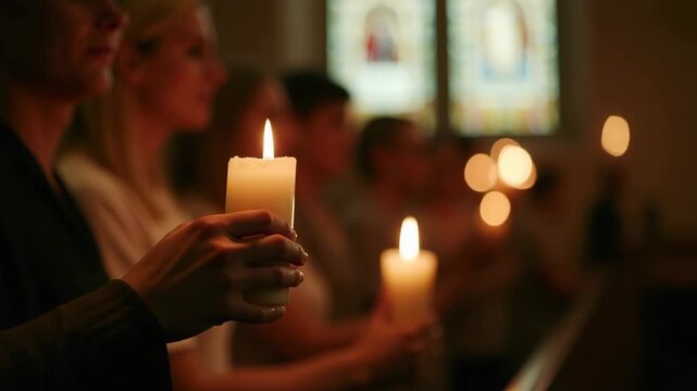 Group holding lit candles during prayer service, sitting in wooden pews inside church with stained glass windows glowing softly, spiritual scene, concept of religion christmas worship