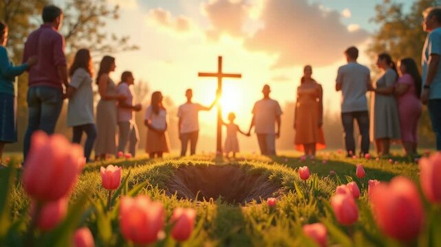 Family standing together holding wooden cross at sunset, gathered in tulip field with golden sunlight streaming through clouds, spiritual scene, concept of religion easter family