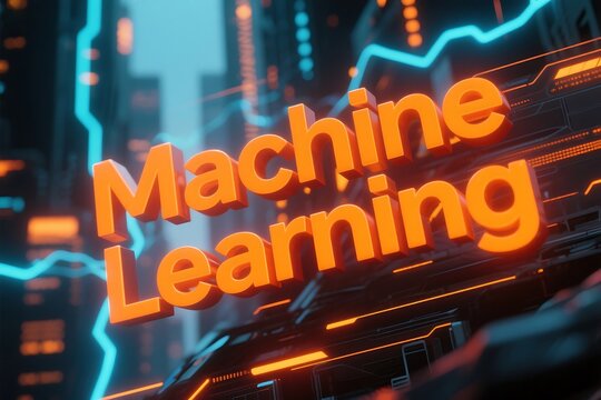 Orange machine learning text with blue lines and orange accents on a dark technological background